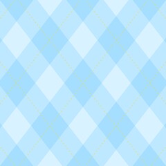 Seamless pastel blue argyle pattern with soft yellow dotted diagonal lines