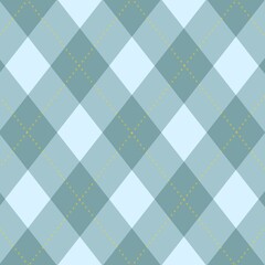 Muted blue argyle pattern with yellow dotted crossing lines in a seamless repeat
