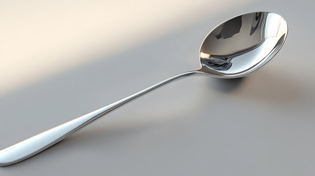 A gleaming silver spoon rests diagonally across a neutral-toned surface, its polished contours reflecting light, showcasing simple elegance and pristine condition. - Powered by Adobe