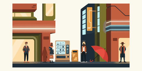 Stylized vector illustration of a quiet urban street corner with pedestrians, modern buildings, and a red umbrella