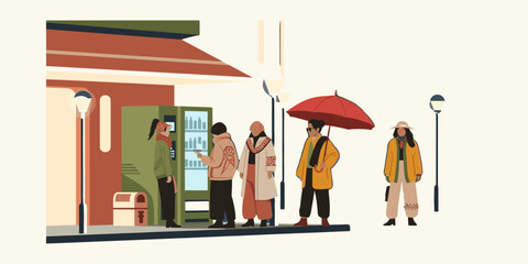 People Waiting in Line at a Vending Machine on a City Street Under Various Weather Conditions