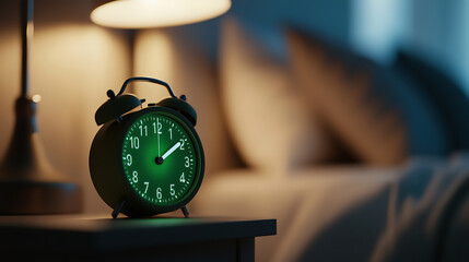 Close-up of an analog clock on a nightstand under a soft lamp, showing time passing in a dimly lit room. Perfect for themes of sleep, schedules, or punctuality.