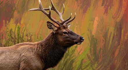 Majestic Elk with Antlers in Autumn Forest Landscape.