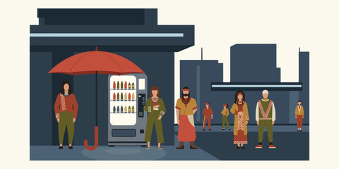 Diverse group of people gathered around a vending machine under an umbrella on a city street