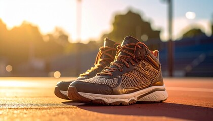 Pair of Athletic Shoes on a Track A Concept of Fitness and Sport at Sunrise