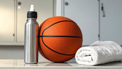 Hydration and recovery essentials for basketball with a sports ball, metal water bottle, and fresh towel in a locker room