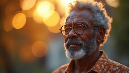 An African American senior man with gray hair and beard wears glasses. He looks thoughtful and happy in beautiful sunlight. Photo shows a person in his sixties.