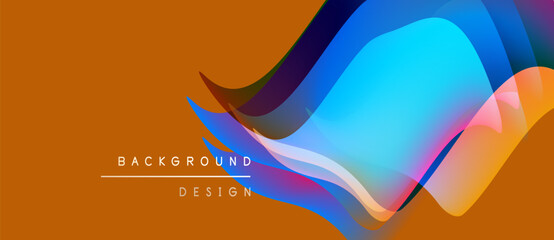 Abstract fluid shapes overlap orange backdrop. Dynamic design features vibrant blues, purples, hints coral. Modern aesthetic, suitable backgrounds.