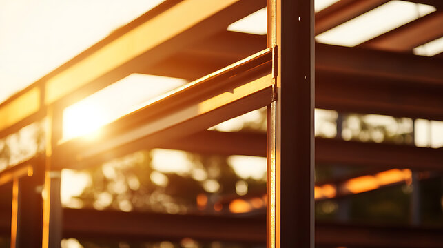 Steel framework bathed in golden light, structural beams intersecting in an abstract pattern. Warm hues create a sense of strength and architectural elegance.