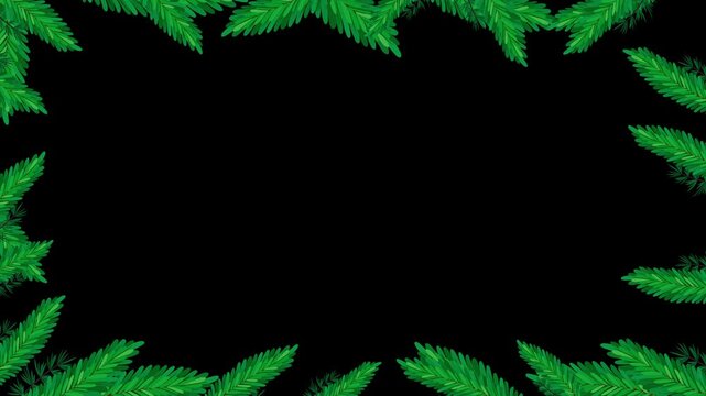 Green Pine Leaves Border Frame on Black Background &ndash; Christmas Nature Border Overlay