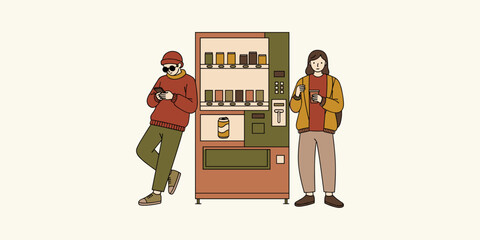 People using their phones while standing by a vending machine