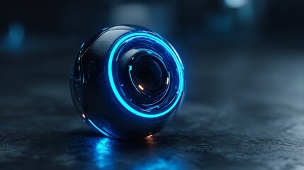 Futuristic Orb with Glowing Blue Rings on Dark Textured Surface Shimmers.