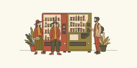 Modern urban convenience diverse individuals engaging with automated vending machines for quick and easy access to a variety of snacks and beverages
