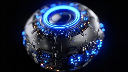 Intricate Futuristic Metallic Sphere with Glowing Blue Lights Against Dark Background