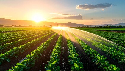 Golden hour irrigation in a vast agricultural field, showcasing sustainable farming practices under a warm sunset