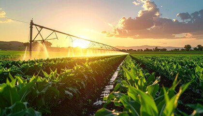 Irrigation System Watering Crops at Sunrise over Farm Landscape