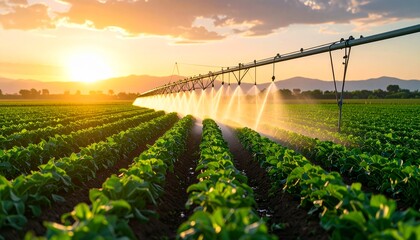 Irrigation System Watering Crops at Sunset Agriculture and Farming