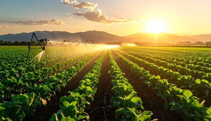 Expansive Green Field with Rows of Crops Under a Golden Sunset with Irrigation System Spraying Water