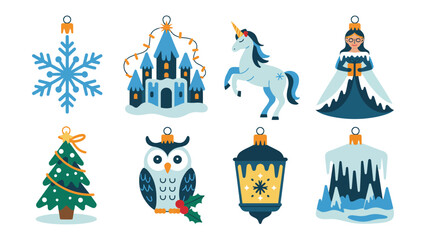 Whimsical Winter Ornaments: A charming array of festive ornaments showcasing snowflakes, castles, unicorns, and other holiday themed items ready for the winter festivities.