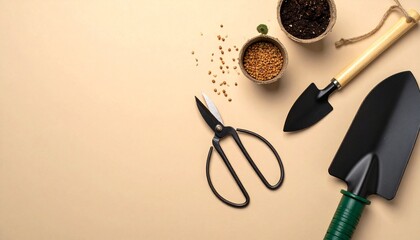 Gardening tools and essentials flat lay on a neutral background. Trowel, spade, and shears with soil and seeds, top view with copy space