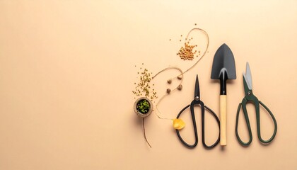 Gardening tools arranged on a smooth surface, ideal for creative projects and planting inspiration