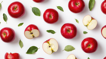 Fresh red apples with green leaves white background, showcasing whole and sliced fruit, creating vibrant and healthy display
