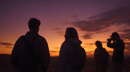 Silhouettes of people watching a vibrant sunset with orange and purple hues across the horizon