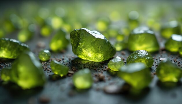 Group of peridot gemstones on blurred background. Green crystals gem stone collection. Alternative medicine concept. Healing quartz minerals for esoteric spiritual practice. Elegant backdrop of - Powered by Adobe