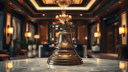 checkin. Elegant hotel lobby counter with a vintage bell, featuring warm lighting and marble surfaces. real-estate listings.