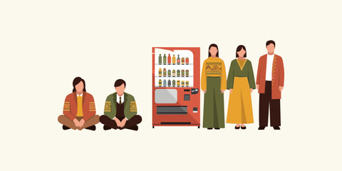 A collection of diverse characters illustrating a modern social scene, with a group gathered near an automatic beverage dispenser