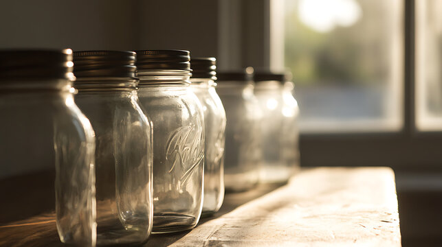 Glass jars lined up on a wooden surface, illuminated by sunlight near a window, evoking a sense of nostalgia and rustic charm. Perfect for home decor or preserving goods.