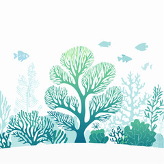Fototapeta premium Underwater scene illustration with corals and fish in aquatic ecosystem