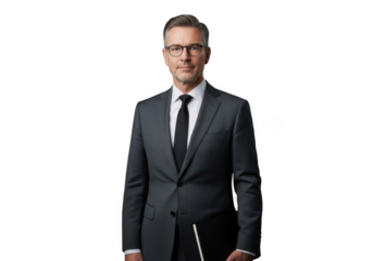 Confident businessman in suit and tie standing isolated on transparent background