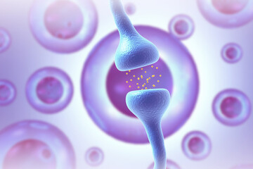Synapse and neuron. neurotransmitters, signal transmission, information transmission in the brain. 3d illustration