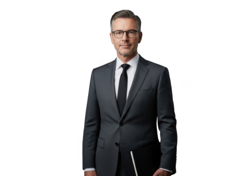 Confident businessman in suit and tie standing isolated on transparent background