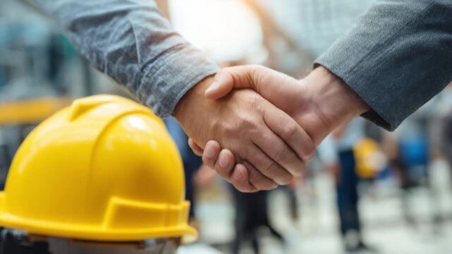 Construction Agreement: A close-up shot captures a decisive moment as two individuals seal a construction deal with a firm handshake.