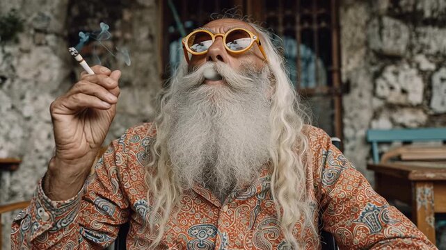 Video of old hippy punk man smoking blunt