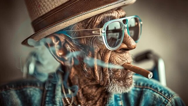 Video of old hippy punk man smoking blunt