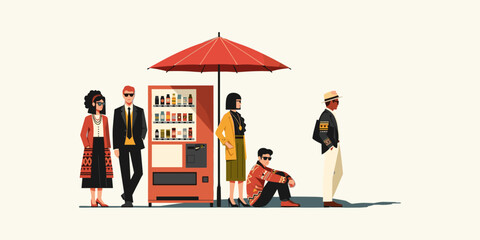 Diverse group of people waiting patiently in line under a red umbrella near a vending machine on a bright day