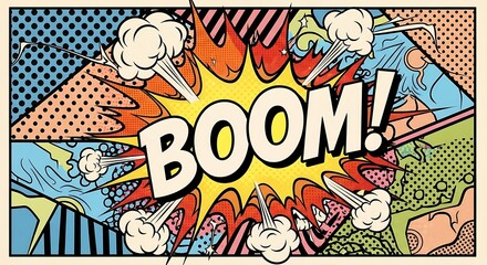 Retro Comic Book Style Boom Explosion Effect with Bold Text.