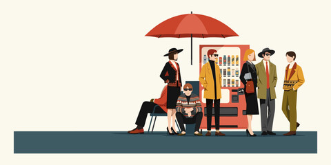 Urban waiting scene with various individuals congregating near a modern vending machine beneath a striking red umbrella