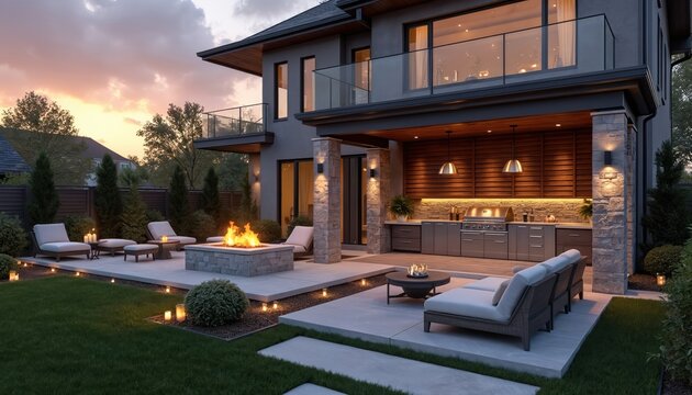Luxury modern house backyard with outdoor kitchen, grill, fire pit lounge area, and seating. Evening sky with warm lighting and plush furniture for entertaining guests.