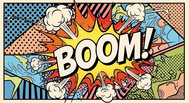 Retro Comic Book Style Boom Explosion Effect with Bold Text.