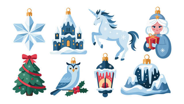 Festive Ornaments Set: A captivating arrangement of Christmas ornaments, each one a unique emblem of the holiday, from a star to a winter scene, a unicorn, a castle, or a winter princess with a gift.