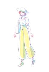 外出する女性　笑顔　夏　パンツ