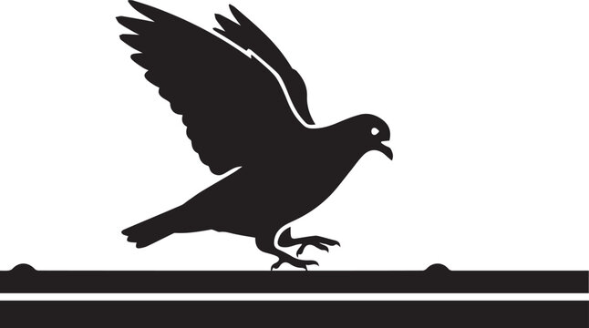 Silhouette of a black pigeon taking flight from a perch with wings spread wide