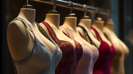 A row of mannequins wearing different colored lace and fabric undergarments are on display. The garments are hung from a metal rack. The background is dark and out of focus.