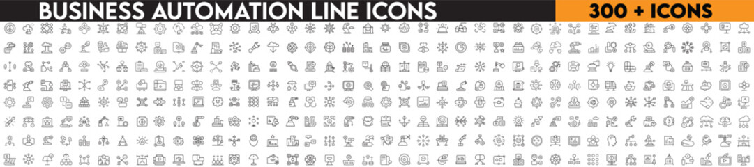 Business automation line editable icon set. Containing process, optimization, robotic integration, business model, and more. with white background