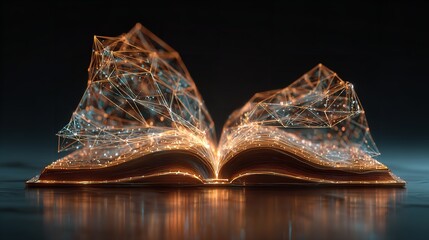Open book with digital network emerging, symbolizing knowledge and technological advancement concept.