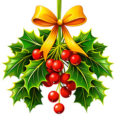  Elegant Christmas Mistletoe Illustration with Yellow Ribbon and Green Leaves for Holiday Decoration Isolated on Transparent Background